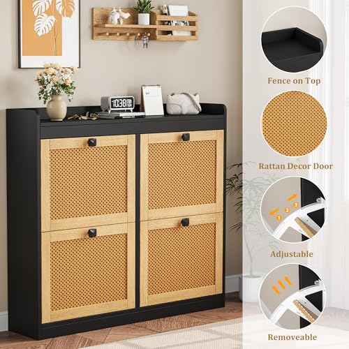 GarveeHome Shoe Cabinet Rattan with 4 Flip Drawers, Wooden Freestanding Shoe Organizer with Adjustable Shelves, Shoe Storage for Entryway, Closet, Hallway - color: Black, size: 4-Drawers