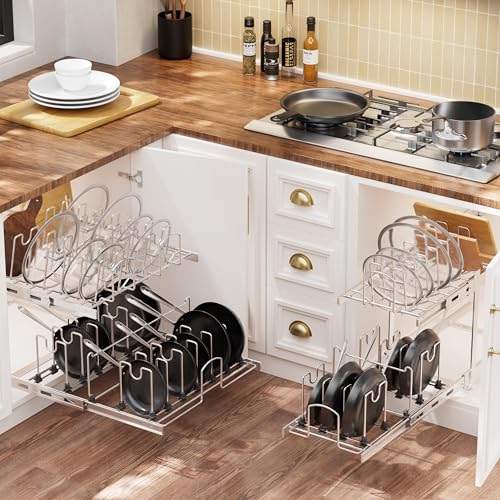 2-Tier Kitchen Pull out Cabinet Organizer for Pots, Pans, and Lid Cookware, Adjustable Heavy Duty Wire Pan and Pot Rack, Full-Extension Rail 12" W *22" D - size: 12W*22D