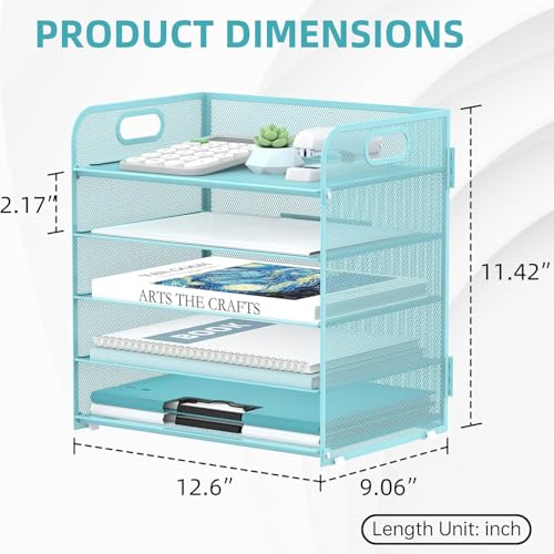 Supeasy 5 Trays Paper Organizer Letter Tray with Handle-Mesh Desk File Organizer, Paper Sorter Desk Organizer for Office, Home or School (Light Blue) - color: Blue