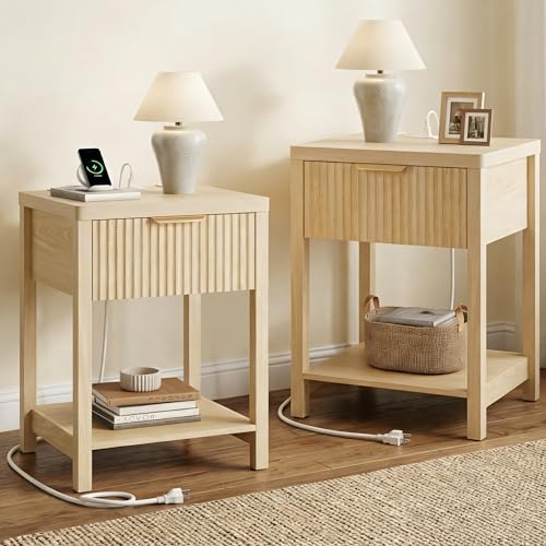 Lulive Night Stand Set 2, Fluted Nightstand with Charging Station, Wood Modern Bedside End Table with Storage Drawer for Bedroom, Save Space (Set of 2, Natural Oak) - color: Natural Oak, size: 1 Drawer-Set of 2 Nightstand