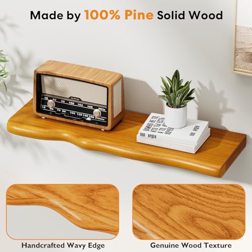 Floating Shelves for Wall Rustic Farmhouse 24 Inch Floating Shelf Wooden Shelves for Wall Mounted Live Edge Pine Shelf with Unique Natural Grain for Living Room Bedroom Kitchen (Honey Walnut) - color: Honey Walnut, size: 24 inch - 2pcs