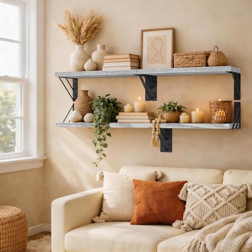 BAYKA Wall Shelves for Bedroom Decor, Floating Shelves for Living Room Kitchen Storage, Wall Mounted Rustic Wood Floating Shelves for Kids Books, Corner Shelf for Bathroom(Gray White，Set of 4) - color: E. Gray White Board & Black Brackets, size: 16-inch M