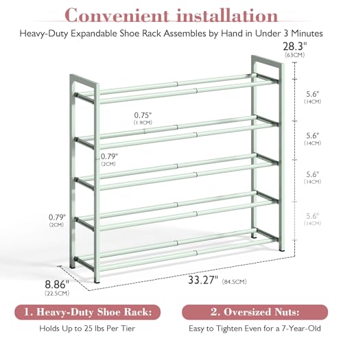 Bumusty 5-Tier Expandable Shoe Rack for Closet, 18“-33” Adjustable Shoe Rack for Small Space, Small Shoe Organizer for Front Door, Sturdy Metal,Green - color: Green, size: 5-Tier