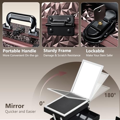 Joligrace Makeup Train Case Cosmetic Box Portable Makeup Case Organizer 2 Trays Makeup Storage with Mirror Locking for Cosmetologist Aesthetic Supplies Nail Tech Traveling Makeup Box Dark Brown - color: Dark Brown