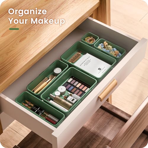 A-LuGei 【𝟮𝟴𝗣𝗖𝗦】 【𝟱𝗦𝗶𝘇𝗲】 ArmyGreen Drawer Organizer, Makeup organizer, 【Holds 177 Items】 Bathroom Organizers and Storage, Plastic Desk Organizer Divider, Organizer Bins for Office Vanity - color: Deep Green