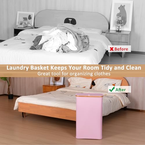 iEGrow 65L Slim Laundry Hamper, Narrow Laundry Basket with Lid,Foldable Clothes Hamper with Bamboo Handles,Hamper Basket with Removable Inner Bag for Laundry Room Bedroom College Dorm,17.17 Gals Pink - color: Pink, size: 65L