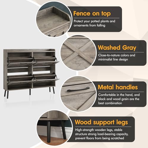 Maupvit Large Shoe Storage Cabinet with 4 Flip Drawers, Narrow Shoe Cabinet for Entryway with Wooden Legs, Freestanding Hidden Shoe Rack Organizer ＆ Metal Hinges, Washed Gray - color: Washed Gray, style: 4-Drawers