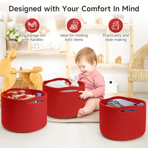 Small Rope Baskets for Storage, Baskets for Gifts Empty, Cute Round Woven Basket, Decorative Shelf Baskets 9.82×9.82×7.1", Cotton Toy Basket Storage Bins for Organizer 3 Packs-Red - color: Red-3PCS