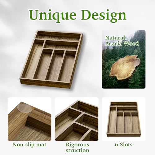 Kiasthome Acacia Wood Silverware Drawer Organizer, Kitchen Utensil Cutlery Drawer Organizer with Dividers, Flatware Organizer, Silverware Tray Holder for Spoons, Forks, 11.8''x16.5'' (6 Slots) - size: 6 Slots