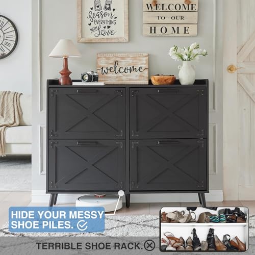 Barnyatoh Shoe Storage Cabinet,Farmhouse Shoe Organizer with 4 Flip Drawers & Barn Door Design,Freestanding Hidden Slim Narrow Shoe Rack Cabinet for Entryway,Foyer,Hallway,Black - color: Black, size: 4-Drawers
