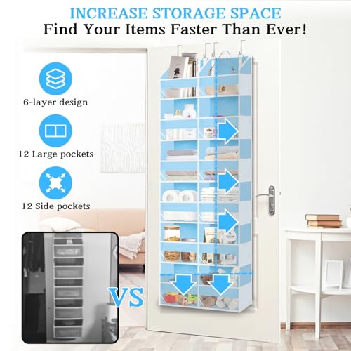 Over The Door Organizer 6 Tiers, Extra Large Behind Door Storage of 12 Compartments, 80 lbs Weight Capacity Hanging Storage Organizer with Clear Window Kids Toys,Shoes,Diapers,Room Storage,Blue - color: Blue - 6 Tiers
