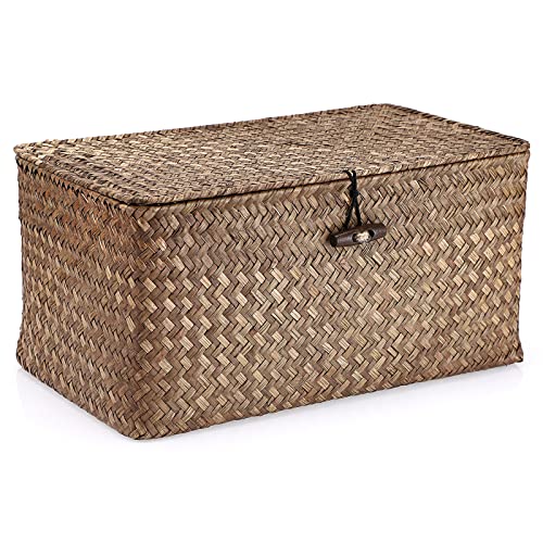 Hipiwe Wicker Shelf Baskets Bin with Lid, Handwoven Seagrass Basket Storage Bins Rectangular Household Basket Boxes for Shelf Wardrobe Home Organizer, Coffee Medium - color: Coffee, size: M