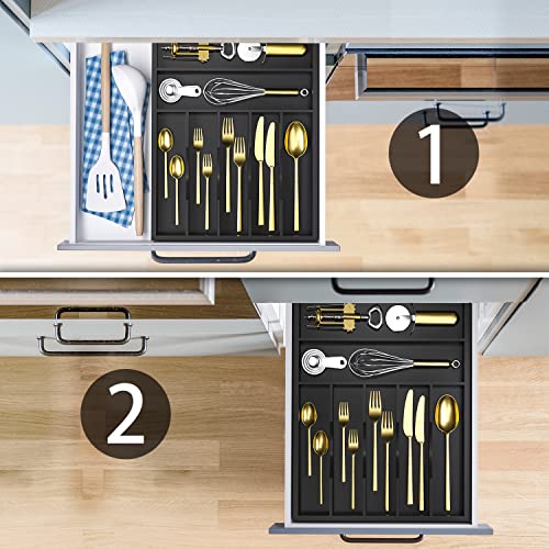 Utensil Organizer Silverware Drawer Organizer - 7 Slots Bamboo Silverware Tray For Kitchen Cutlery Office Supplies Makeup Desk Storage Garage Tool Organization W13”x L17” (Black) - color: Black, size: 7 Slot