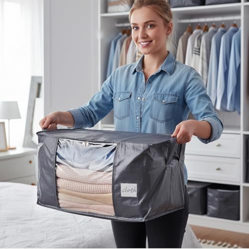 YGEOMER 6 Pack Heavy Duty Blanket Storage Bags Clothes Storage Foldable Closet Organizers Containers with Reinforced Handle for Clothing, Blanket, Comforters, Bed Sheets, Pillows and Toys, Grey 60L - size: 60L