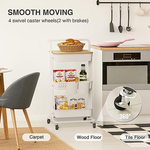 DTK 3 Tier Rolling Utility Cart with Cover Top Board, Movable Kitchen Storage Cart Trolley with Lockable Wheels, Cups, Hooks for Kitchen Bathroom Home Office Art Craft Storage and Organization(White) - color: White, size: Medium