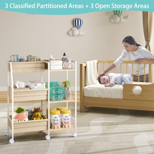 Baby Diaper Caddy Organizer Cart, 3-Tier Rolling Wheels Cart with Dividers and Shelves, Bedside Utility Cart for Nursery Essentials, Large Capacity Mobile Storage Cart for Crib, Bedroom - color: Off White