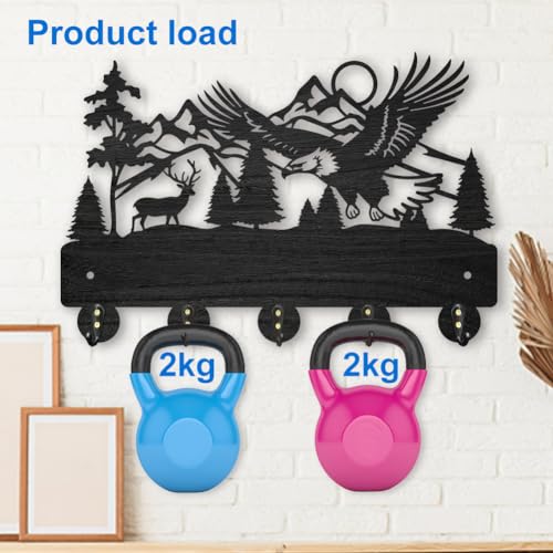 MAYJOYDIY Eagle Deer Forest Coat Hooks Wall Mounted 11.8×7.9inch Black Wooden Eagle Key Holder for Wall 5 Alloy Hooks Wall Art Decor Deer Hangers for Towel Key Kitchen Bedroom Entryway Gifts - color: Eagle
