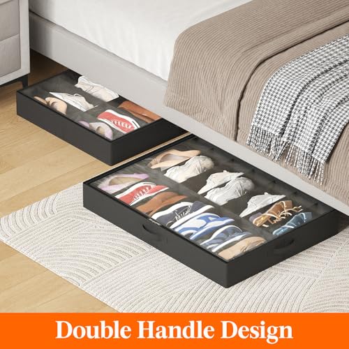 Lifewit Under Bed Shoe Storage Organizer 3 Pack(14 Shoes Cells), 4.3 Inches Profile Fabric Shoes Container Box with Clear Cover, Foldable Storage Bag with 2 Handles, Fits 21 to 42 Pairs - style: 14 Shoes Cells