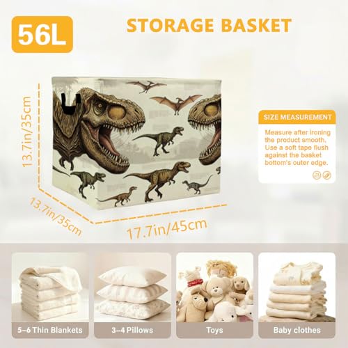 56L Dinosaur Laundry Basket Dirty Clothes Hamper with Handles,Foldable Blanket Storage Large Laundry Hamper with Waterproof,Toy Storage Bin Organizer,Clothes Organizer,Home Decor Gift - color: Dinosaur