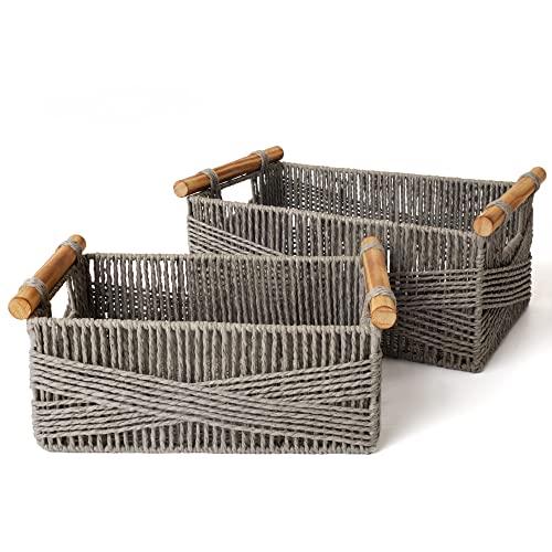 LA JOLIE MUSE Wicker Storage Baskets for Organizing, Recyclable Paper Rope Basket with Wood Handles, Decorative Hand Woven Basket Organizers for Makeup Books Shelves Living Room, Grey, Set of 2 - color: Grey