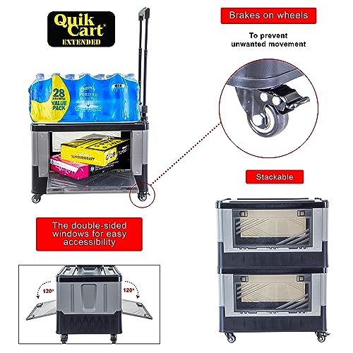 dbest Products Quik Cart Extended Four Wheeled Rolling Crate Teacher Utility with seat Dual Accessible Doors Heavy Duty Collapsible Basket with Two Position Handle - color: Black, style: Extended