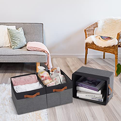 Large Fabric Storage Bins, Foldable Fabric Storage Baskets for Shelves, Sturdy Storage Boxes with PU Handles for Organizing Closet Home Bedroom Office (26L, 3 Packs, Grey&Black) - color: Black with Grey, size: Large-3pcs