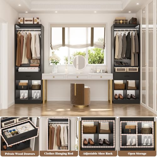 Unikito 50" W x 80" H Closet Organizer Storage System with 2 Hanging Rod and 2 Wooden Drawers, Adjustable Shoes Rack, 4 Cubby Storage, Walk-in Closet Tower for Bedroom, Mudroom, Entryway, Black - color: Black, size: 50 Inch