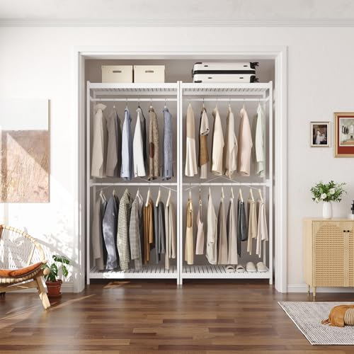 Homykic Bamboo Clothes Rack with Shelves and Double Hang Rods, Portable Closet System Garment Rack for Hanging Clothes, Tall Clothing Rack Corner Closet Organizer, Easy to Built, Freestanding, White - color: White, size: Standard