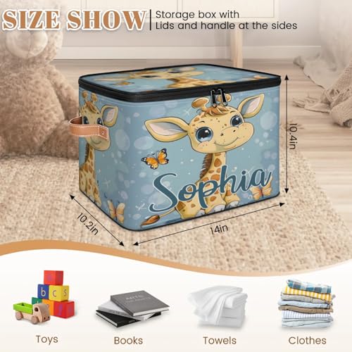 Custom Storage Basket with Name, Personalized Storage Bins with Zipper Lid, Foldable Fabric Storage Box Large capacity with Handle Butterfly Giraffe - color: Option 21