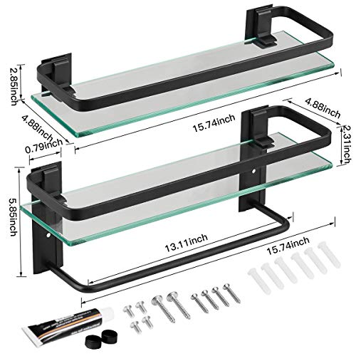 VOLPONE Glass Bathroom Shelf with Towel Bar 15.7in Bathroom Wall Shelves Rustproof Metal Bathroom Wall Organizer 2-Tier (Black) - style: 2 tier with towel bar black