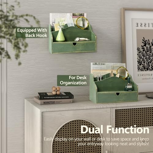 Pine Wood Mail Organizer for Desk - Rustic Style Mail Sorter Countertop Organizer for Files, Letters & Small Items - Farmhouse Letter Holder with Drawer for Office Desk & Home Decor (Green) - color: A-Green