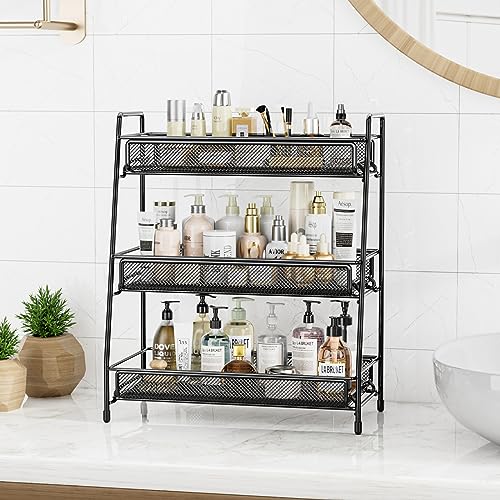 EKNITEY Bathroom Countertop Organizer Rack - 3 Tier Counter Spice Rack Metal Makeup Rack Small Perfume Vanity Organizer for Sink/Bedroom/Living room/Kitchen/Office - color: Black