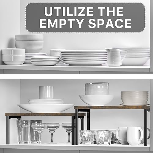 Simple Houseware Expandable Stackable Cabinet and Counter Shelf Organizer with Wooden Surface, 7.6'' D x 11.75'' W x 6.1'' H, Rustic Brown - color: Rustic Brown