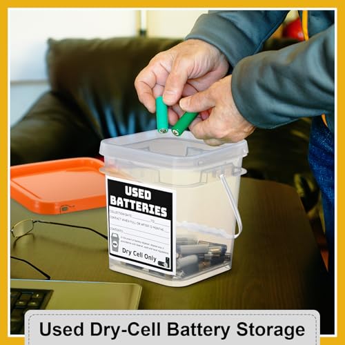 Baderke Battery Disposal Container Battery Recycling Container 1.32 Gallons Capacity Dry Cell Storage Recycling Bin with Label(Orange,Square) - color: Orange