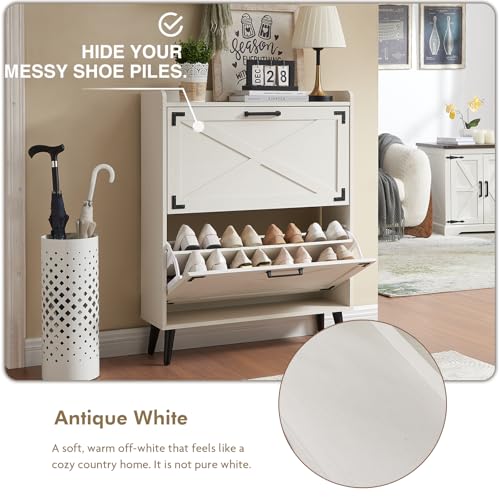 Barnyatoh Shoe Storage Cabinet,Farmhouse Shoe Organizer with 2 Flip Drawers & Barn Door Design,Freestanding Hidden Slim Narrow Shoe Rack Cabinet for Entryway,Foyer,Hallway,Antique White - color: Antique White, size: 2-Drawers