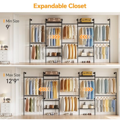 Higeego W5 Industrial Clothes Rack, Clothing Rack for Hanging Clothes, Heavy Duty Wall Mounted Closet System Black Expandable Garment Racks, Sturdy Steel Pipe Wardrobe Closet, 1300LBS Load 9' to 12'9" - color: Black