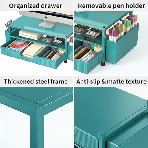 ECOLOVI Desk Organizer and Accessories, 2-Tier Computer Monitor Stand Rise with Storage Drawer & 2 Pen Holders, Laptop & Printer Stand for Desktop, Workspace Organizers for Office Supplies (Blue) - color: Blue
