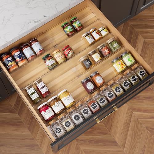 10-Pack Adjustable Spice Drawer Organizer, Expandable Seasoning Rack Tray (13" to 26"), Acrylic Insert with Anti-Slip Mat for Kitchen Cabinet (Jars Not Included) - size: 10-Pack