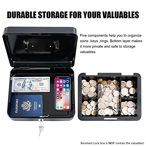 KYODOLED Large Cash Box with Removable Money Tray, Key Lock Metal Storage Box with 2 Keys & Portable Handle, Safe Cash Drawer, 9.84"x 7.87"x 3.54", Black Large - color: Black, size: Large