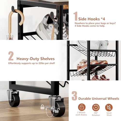 6 Tier Rotating Shoe Rack Tower with Wheels, Wooden Shoe Storage Organizer with Hooks, Sturdy Metal Narrow Shoe Shelf for 6-12 Pairs, Vertical Organizer for Closet Entryway, Rustic Brown - size: 6-tier(13.9 × 11.2 × 38.6)