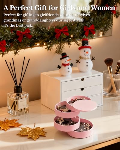 CONBOLA Jewelry Organizer, Small Jewelry Storage Box Earring Holder for Women, 4-Layer Rotating Travel Jewelry Tray Case with Lid for Bracelets Rings Bracelets, Gift for Women Teen Girls - color: Pink