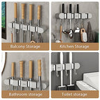 3PCS Broom Holder Wall Mount, No-Drilling Self-Adhesive Mop and Broom Storage Rack (4 Racks with 5 Hooks),Wall-Mounted Broom Hanger for Bathroom, Kitchen, Closet, Garage (Gray) - color: Gray