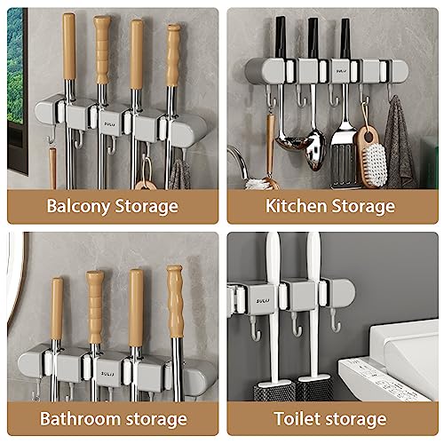 2Pcs Broom Holder Wall Mount, No-Drilling Self-Adhesive Mop and Broom Storage Rack with Hooks (4 Racks with 5 Hooks), Wall-Mounted Broom Hanger for Bathroom, Kitchen, Closet, Garage (Grey) - color: Grey