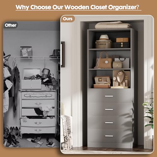 Aheaplus Closet Drawers System, 21.3" Wood Closet Organizer System with 4 Drawers, Modular Walk-in Closets System Storage Unit, Small Closets Wardrobe Rack, Tall Storage Cabinet Unit, Grey1 - color: Grey
