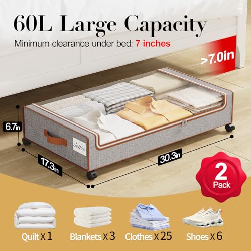 Yecaye Under Bed Storage with Wheels, 2 Pack Under the Bed Storage Containers with Lids & Label, XXL 60L Rolling Underbed Storage Drawers for Clothes, Blankets, Shoes - color: Greige, size: 2 Pack