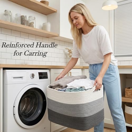 Optish 95L Large Blanket Basket, Woven Storage Baskets with Reinforced Handles, Rope Laundry Basket for Living Room, Bedroom, Nursery, Toys, Clothes, Pillows, 24” x 17” x 13.5”, White & Grey - color: White & Grey, size: 24" x 17" x 13.5"(95L)