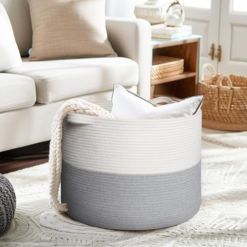 Extra Large Blanket Basket, 22"x14" Woven Cotton Rope Baskets for Organizing, Kids Dog Toy Bin Box, Large Wicker Blanket Storage for Living Room, Throw Pillow Holder Organizer, Gray/White - color: Gray and White