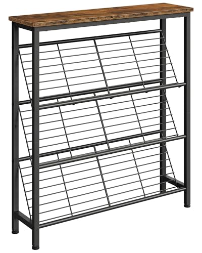 CHOEZON Shoe Rack, 4-Tier Narrow Shoe Storage Shelf, Slim Shoe Rack with Wooden Top and Metal Shelves, Slanted Shoe Organizer, Industrial Style, for Entryway, Hallway, Rustic Brown and Black TXJ76BF