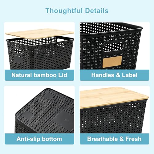Bagnizer 2 Pack Tall Plastic Storage Bins with Bamboo Lids, 10.8qt Stackable Storages Baskets for Organizing Desktop Closet Playroom Classroom Office, 12"L x 8.3"W x 6.1"H, Black - color: Black, size: Tall- 2 Pack