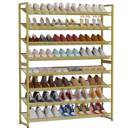 Large Shoe Rack 8 Tier Shoe Organizer, Heavy Duty Metal 4-Tier Stackable Shoe Storage Vertical Shoe Rack for Closet Front Door Entrance, Up to 50 Pairs, 44.8" W x 11.4" D x 56.7" H, Gold - color: Gold, size: 8 Tier